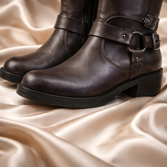 Wild Fable Womens Faux Brown Leather Knee Hi Moto Buckle Boots - Size 8.5 - Picture 4 of 12